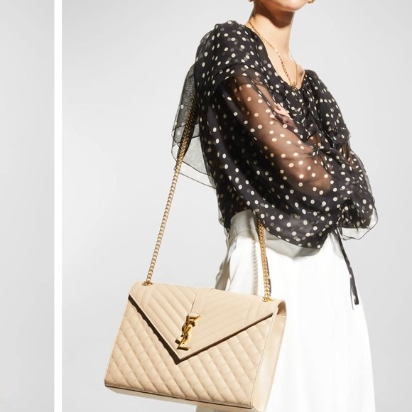 Saint Laurent YSL Beige Chevron & Gold Large Envelope Shoulder Bag, NEW Giftable - Picture 8 of 11